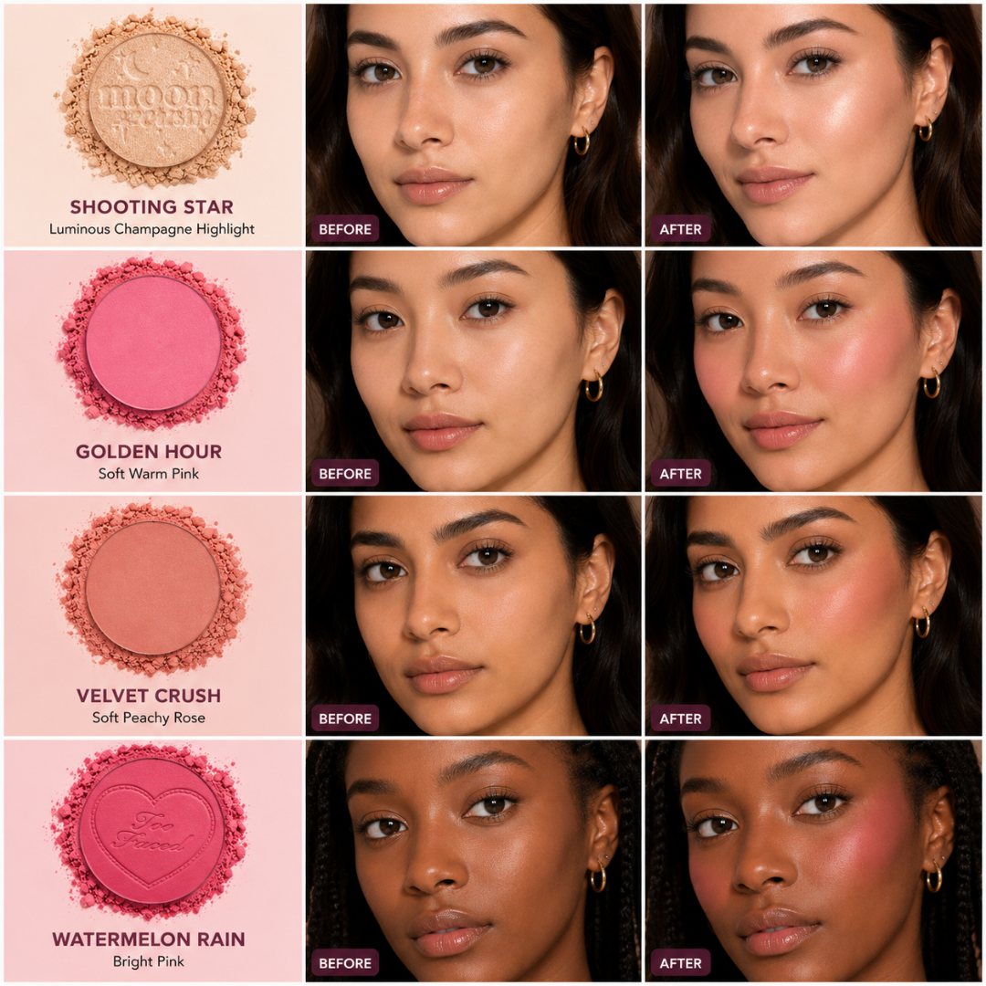 Too Faced Jewel Crush Blush & Highlighter Face Palette – A Little Glow, A Lot More You – 4 Shades: Shooting Star, Golden Hour, Velvet Crush & Watermelon Rain – Radiant, Blendable & Buildable – Silky Soft, Long-Lasting