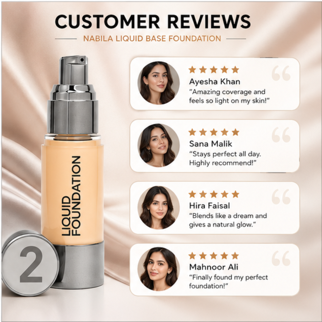 Nabila Liquid Base Foundation – Flawless Coverage, Naturally You – Full Coverage, Lightweight Comfort & Long Wear Formula – Evens, Perfects & Enhances – SPF 15 Protection