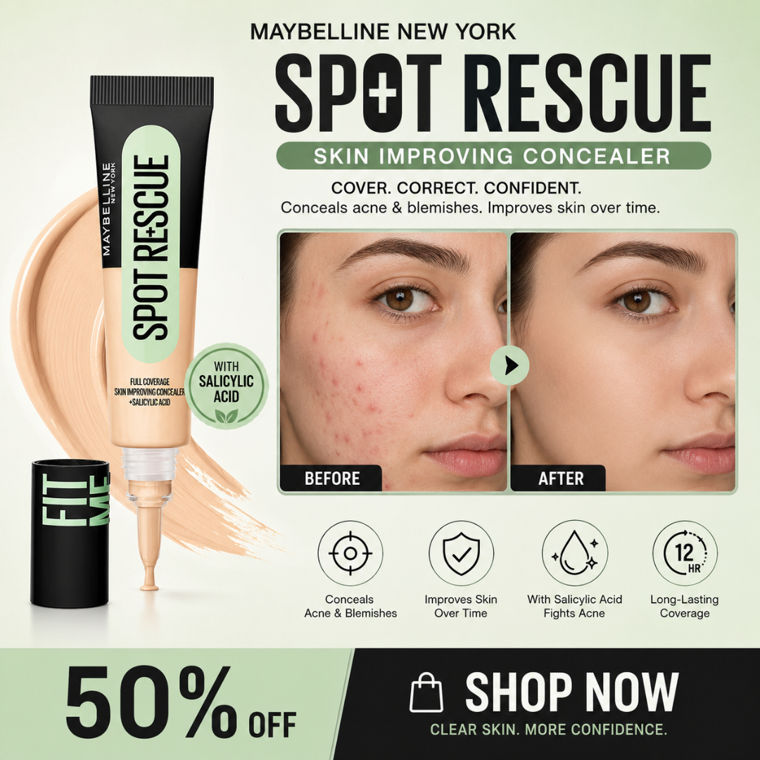 Maybelline New York Spot Rescue Concealer - Full Coverage Skin-Improving Concealer + Salicylic Acid – Conceals Acne & Blemishes, Improves Skin Over Time – 12HR Long-Lasting