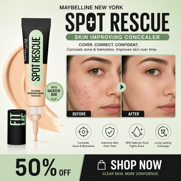Maybelline New York Spot Rescue Concealer - Full Coverage Skin-Improving Concealer + Salicylic Acid – Conceals Acne & Blemishes, Improves Skin Over Time – 12HR Long-Lasting