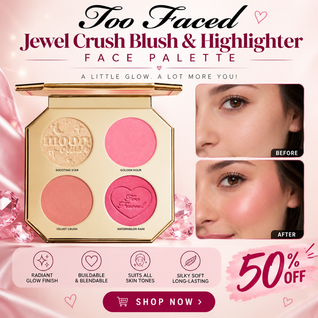 Too Faced Jewel Crush Blush & Highlighter Face Palette – A Little Glow, A Lot More You – 4 Shades: Shooting Star, Golden Hour, Velvet Crush & Watermelon Rain – Radiant, Blendable & Buildable – Silky Soft, Long-Lasting