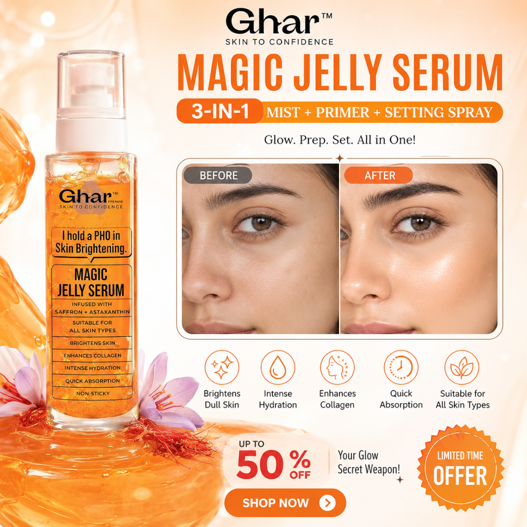 Ghar Magic Jelly Serum – 3-in-1 Mist + Primer + Setting Spray – Glow, Prep & Set All in One – Infused with Saffron, Astaxanthin, Niacinamide & Arbutin – Brightens Dull Skin, Intense Hydration, Enhances Collagen