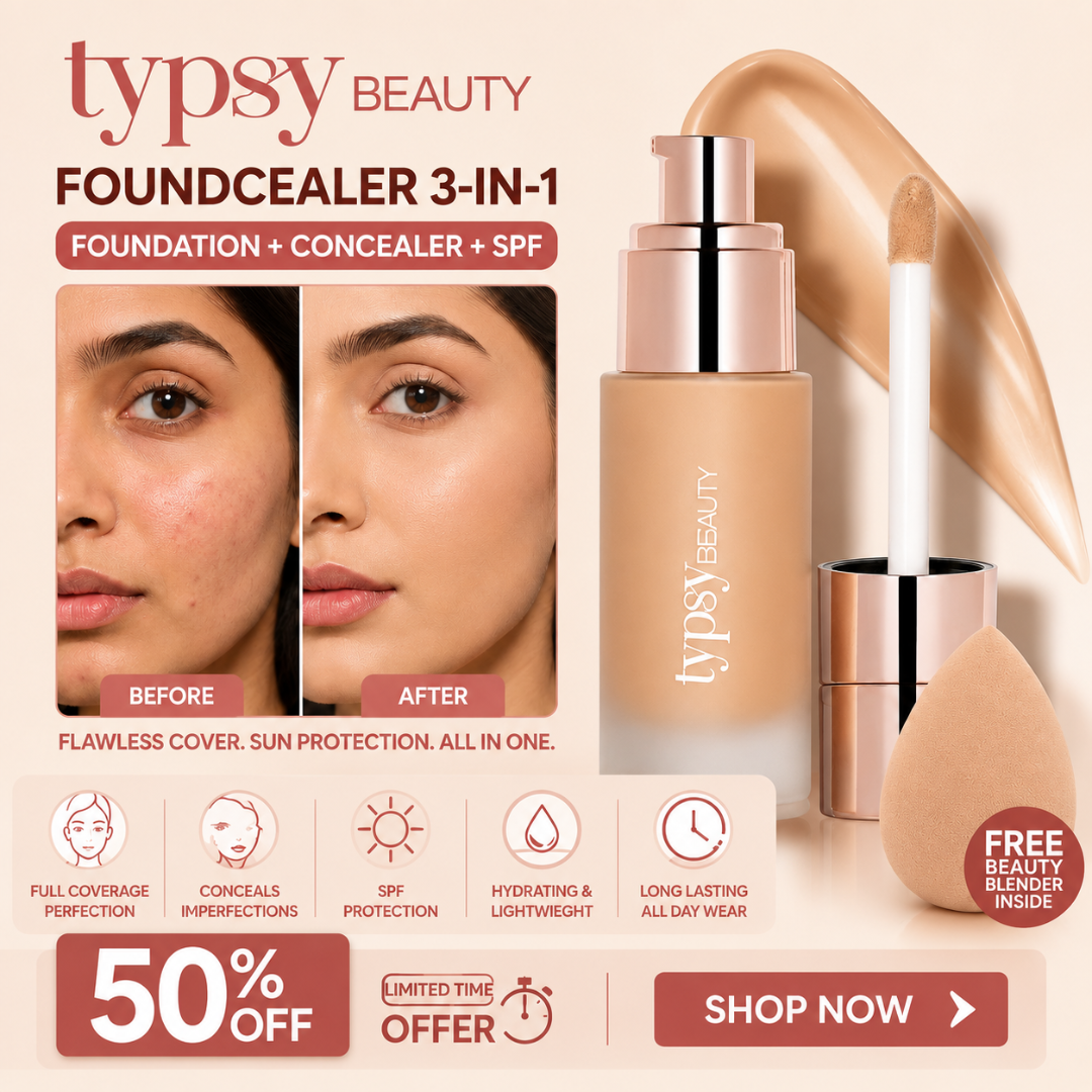 TYPSY BEAUTY FOUNDCEALER 3-in-1 – Foundation + Concealer + SPF 30 – Pakistan's First Dual Applicator (Pump + Wand) – Full Coverage, Breathable, Hydrating – FREE Beauty Blender