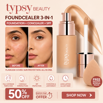 TYPSY BEAUTY FOUNDCEALER 3-in-1 – Foundation + Concealer + SPF 30 – Pakistan's First Dual Applicator (Pump + Wand) – Full Coverage, Breathable, Hydrating – FREE Beauty Blender