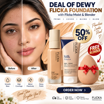 Deal of Dewy FLICKA Foundation + Flicka Silk Primer  & FREE Blender – High Coverage, Flawless Smooth base - Best for all skin types