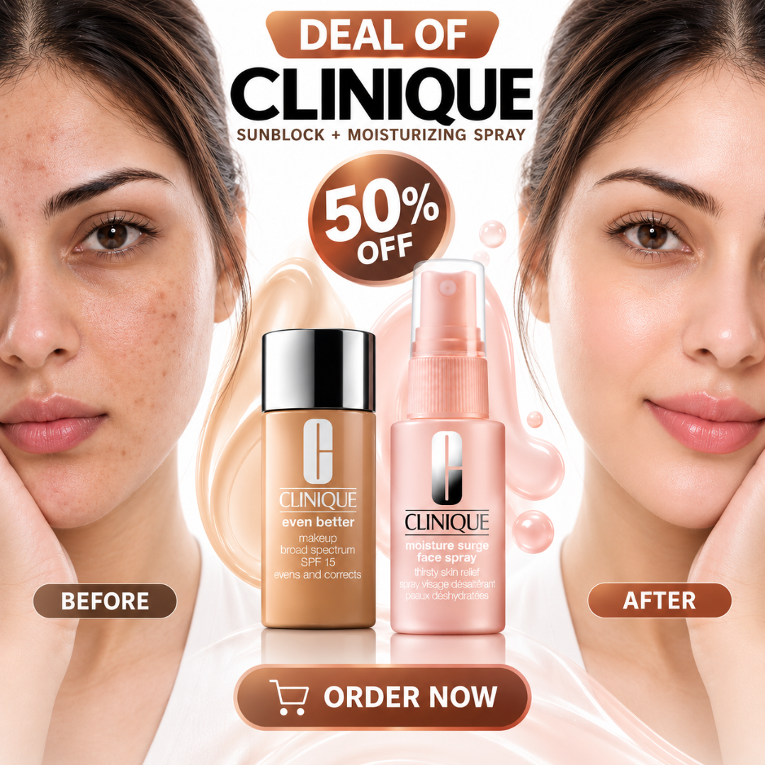 Deal of Clinique Glowy tinted Sunblock  + Moisturizing Spray – SPF 15 Broad Spectrum Makeup & Face Spray – Hydrates, Evens Skin Tone & Glowy fresh look