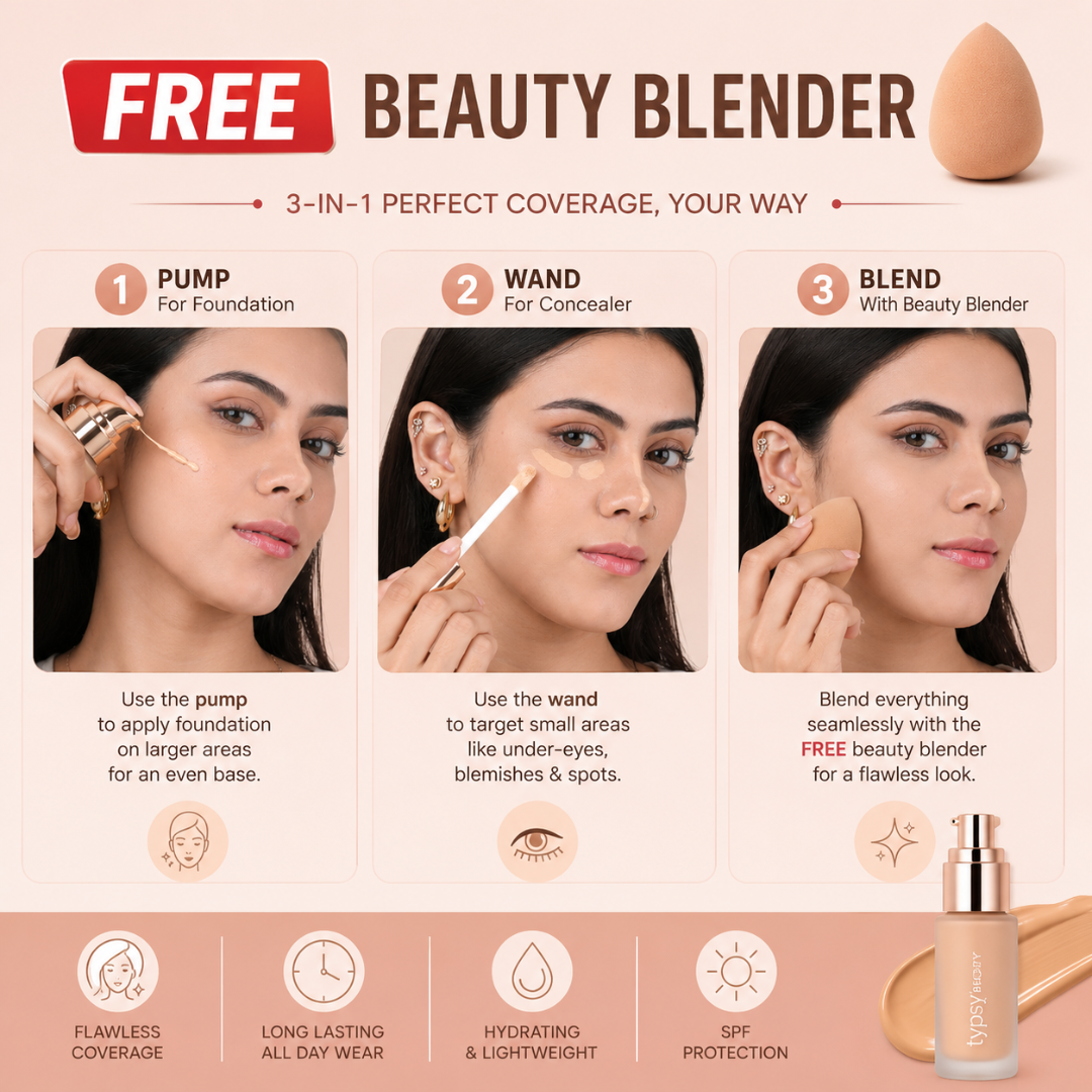 TYPSY BEAUTY FOUNDCEALER 3-in-1 – Foundation + Concealer + SPF 30 – Pakistan's First Dual Applicator (Pump + Wand) – Full Coverage, Breathable, Hydrating – FREE Beauty Blender
