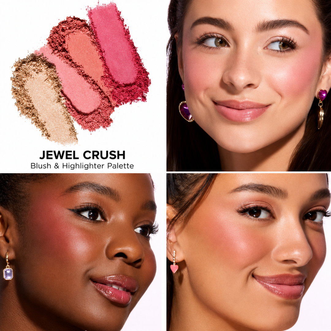 Too Faced Jewel Crush Blush & Highlighter Face Palette – A Little Glow, A Lot More You – 4 Shades: Shooting Star, Golden Hour, Velvet Crush & Watermelon Rain – Radiant, Blendable & Buildable – Silky Soft, Long-Lasting