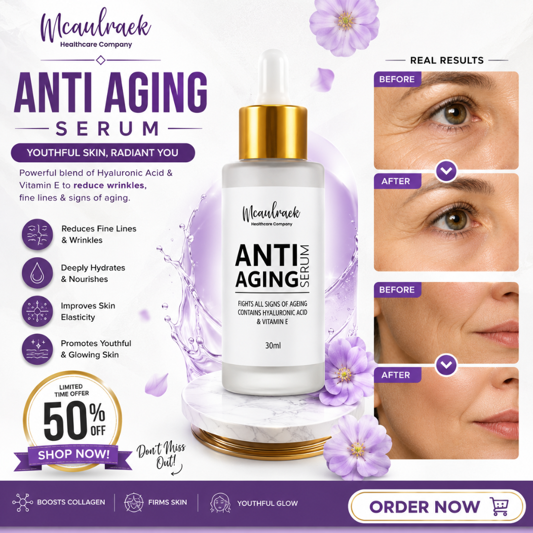 Mcaulraek Anti-Aging Serum – Youthful Skin, Radiant You – Powerful Blend of Hyaluronic Acid & Vitamin E – Reduces Wrinkles, Fine Lines & Signs of Aging – Deeply Hydrates, Nourishes & Improves Elasticity