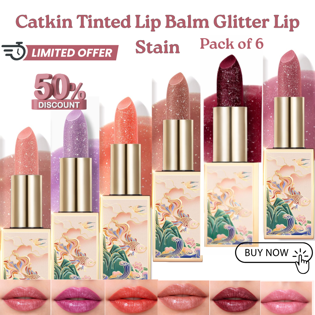 Catkin Tinted Lip Balm Glitter Lip Stain Pack of 6 - 24HR Hydrating Shimmer Lip Color with 3-in-1 Versatility
