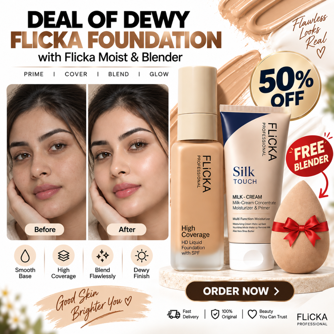 Deal of Dewy FLICKA Foundation + Flicka Silk Primer  & FREE Blender – High Coverage, Flawless Smooth base - Best for all skin types