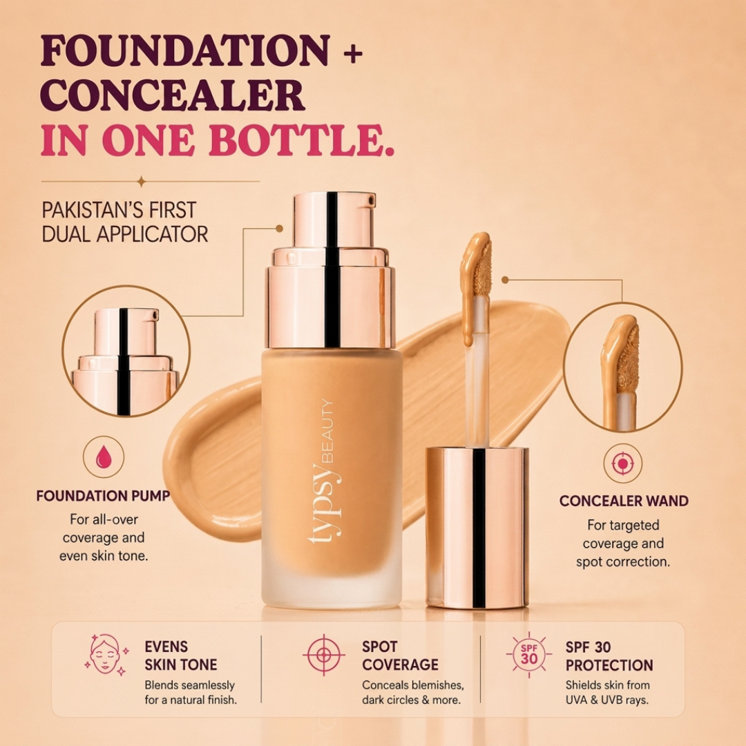 TYPSY BEAUTY FOUNDCEALER 3-in-1 – Foundation + Concealer + SPF 30 – Pakistan's First Dual Applicator (Pump + Wand) – Full Coverage, Breathable, Hydrating – FREE Beauty Blender