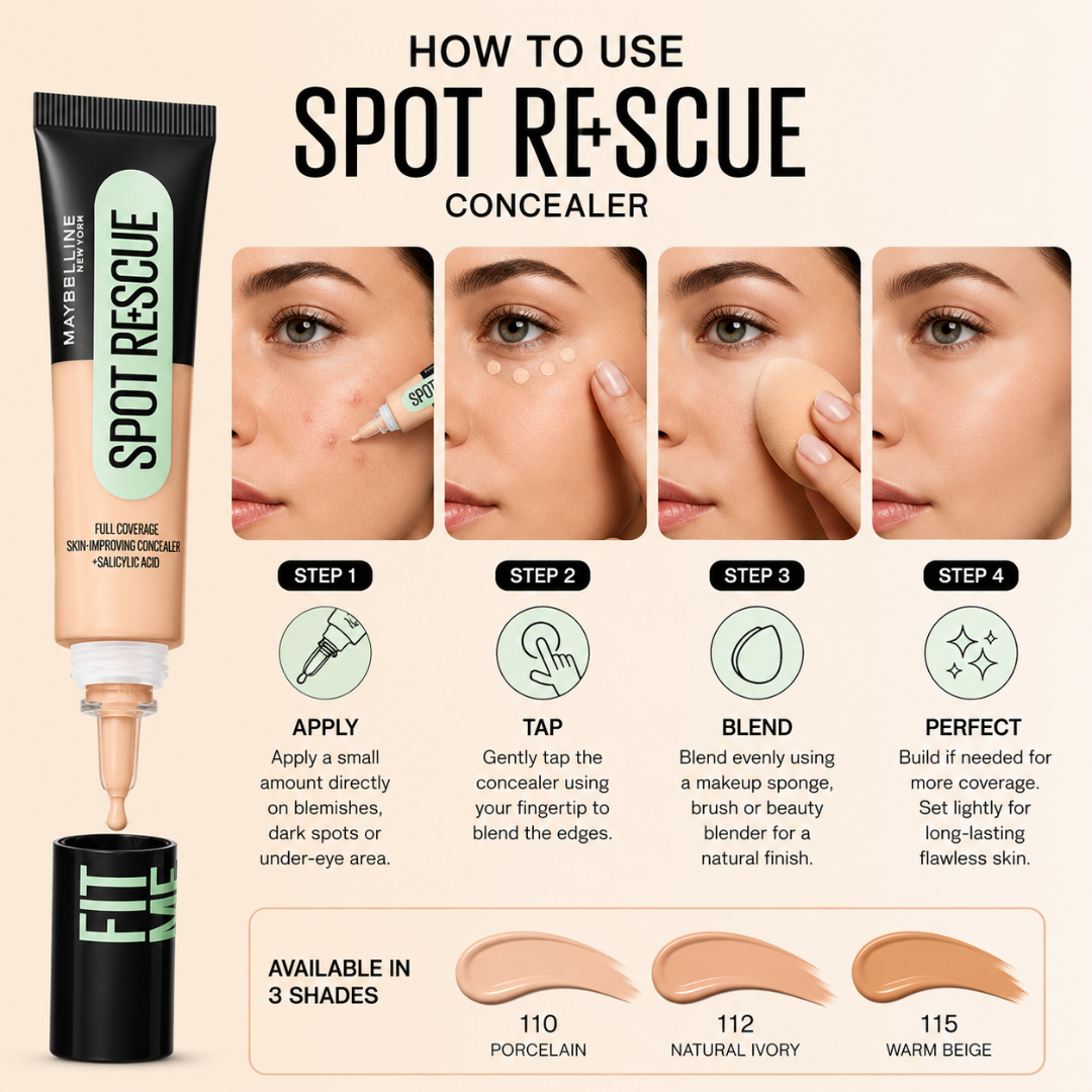 Maybelline New York Spot Rescue Concealer - Full Coverage Skin-Improving Concealer + Salicylic Acid – Conceals Acne & Blemishes, Improves Skin Over Time – 12HR Long-Lasting