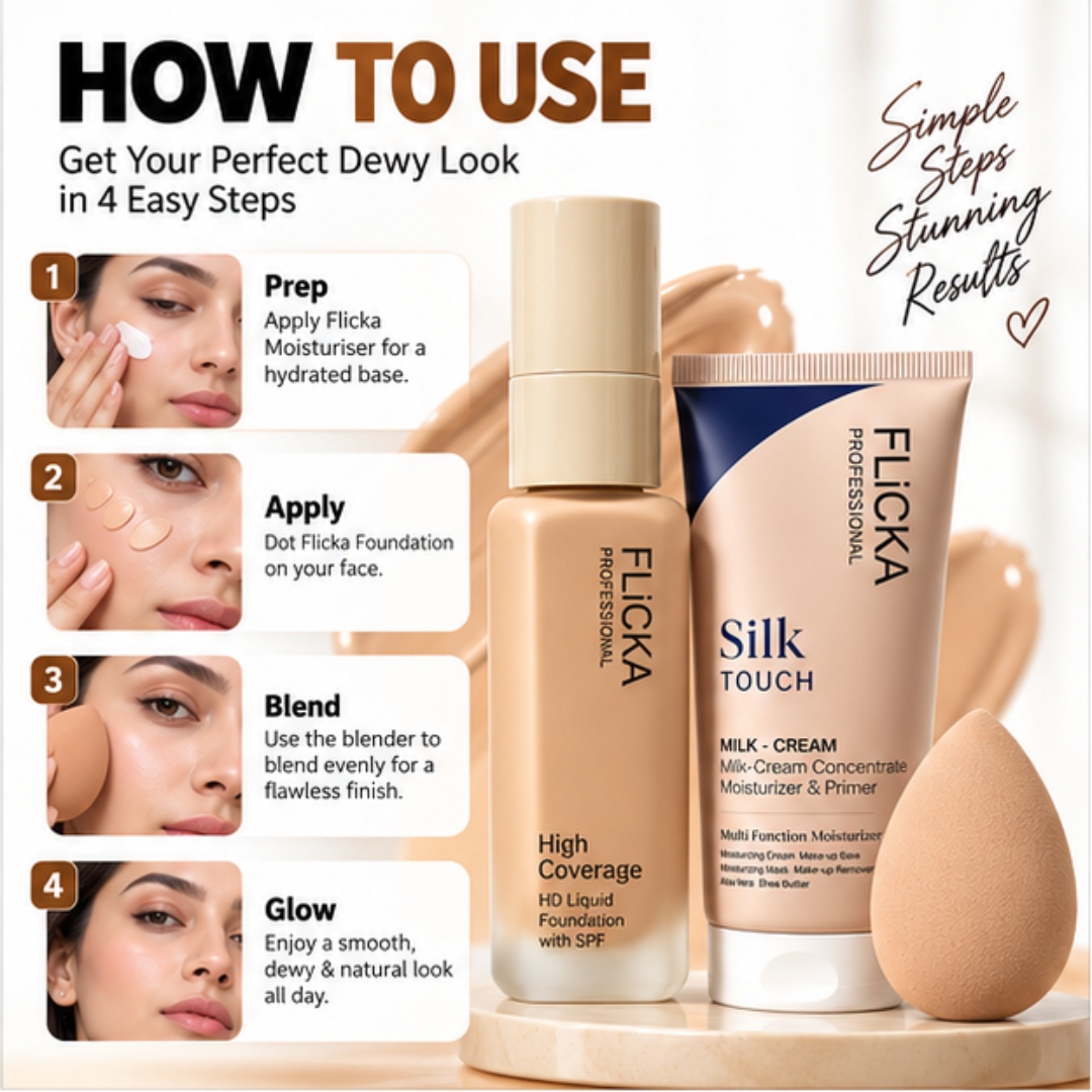 Deal of Dewy FLICKA Foundation + Flicka Silk Primer  & FREE Blender – High Coverage, Flawless Smooth base - Best for all skin types