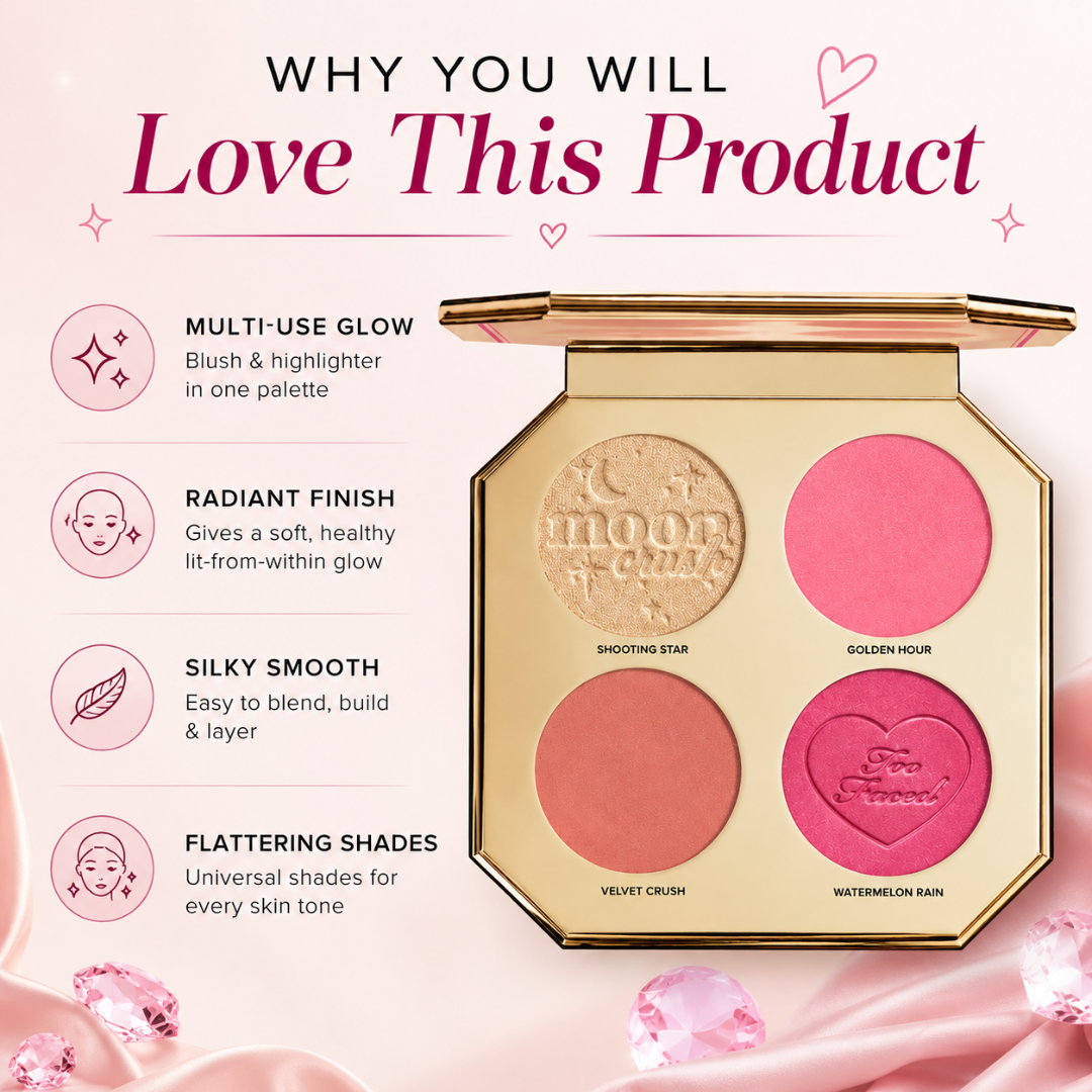 Too Faced Jewel Crush Blush & Highlighter Face Palette – A Little Glow, A Lot More You – 4 Shades: Shooting Star, Golden Hour, Velvet Crush & Watermelon Rain – Radiant, Blendable & Buildable – Silky Soft, Long-Lasting