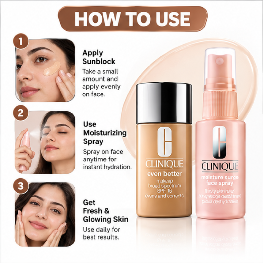 Deal of Clinique Glowy tinted Sunblock  + Moisturizing Spray – SPF 15 Broad Spectrum Makeup & Face Spray – Hydrates, Evens Skin Tone & Glowy fresh look