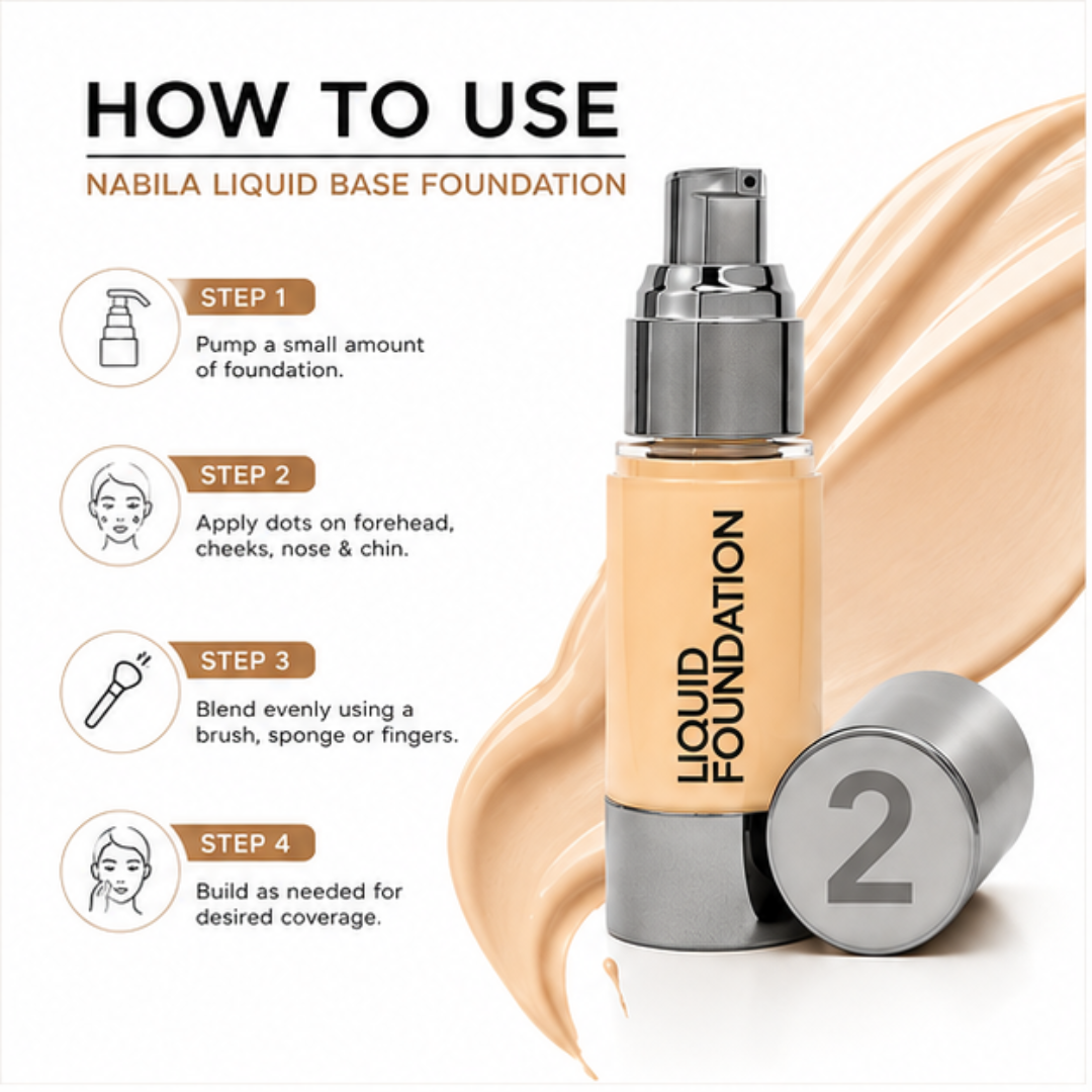 Nabila Liquid Base Foundation – Flawless Coverage, Naturally You – Full Coverage, Lightweight Comfort & Long Wear Formula – Evens, Perfects & Enhances – SPF 15 Protection