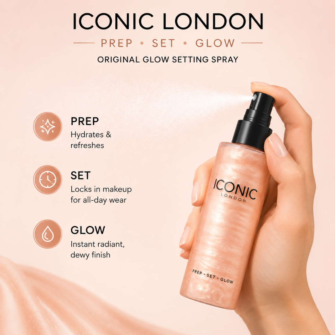 Iconic London Prep · Set · Glow Original Glow Setting Spray – 50% OFF – Radiant Finish, All Day Long – Instant Glow, All-Day Wear & Hydrating – Lightweight, Non-Sticky – For All Skin Types