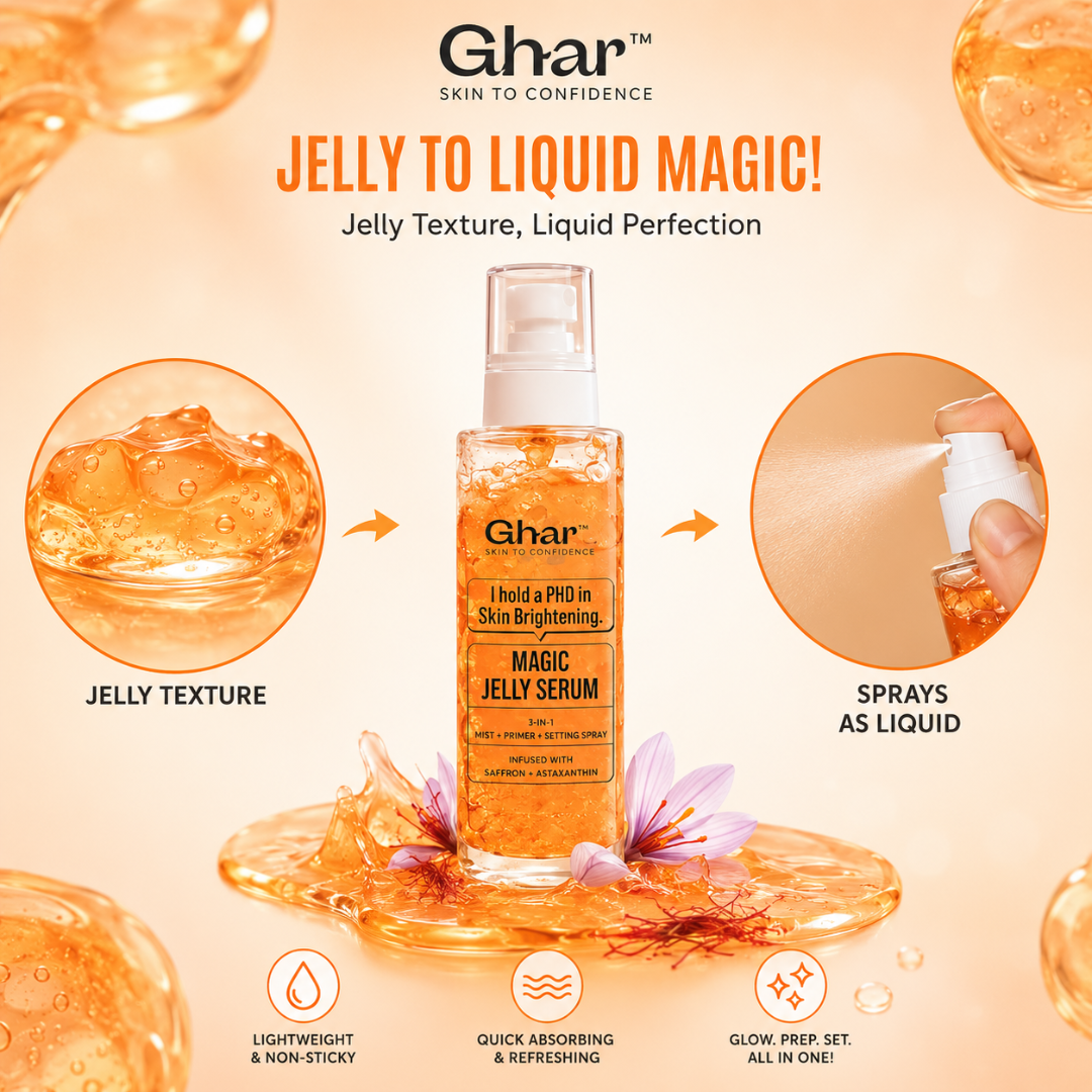 Ghar Magic Jelly Serum – 3-in-1 Mist + Primer + Setting Spray – Glow, Prep & Set All in One – Infused with Saffron, Astaxanthin, Niacinamide & Arbutin – Brightens Dull Skin, Intense Hydration, Enhances Collagen
