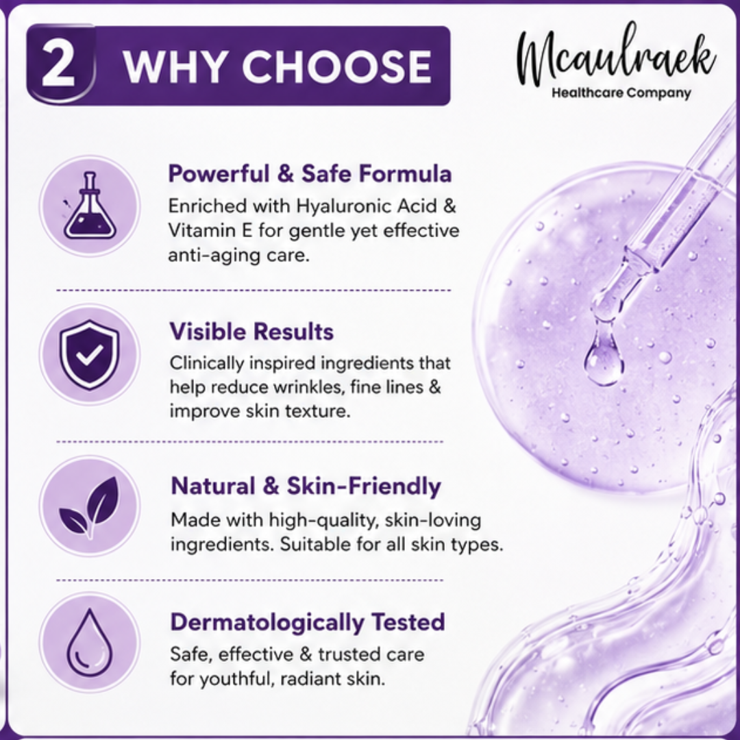 Mcaulraek Anti-Aging Serum – Youthful Skin, Radiant You – Powerful Blend of Hyaluronic Acid & Vitamin E – Reduces Wrinkles, Fine Lines & Signs of Aging – Deeply Hydrates, Nourishes & Improves Elasticity