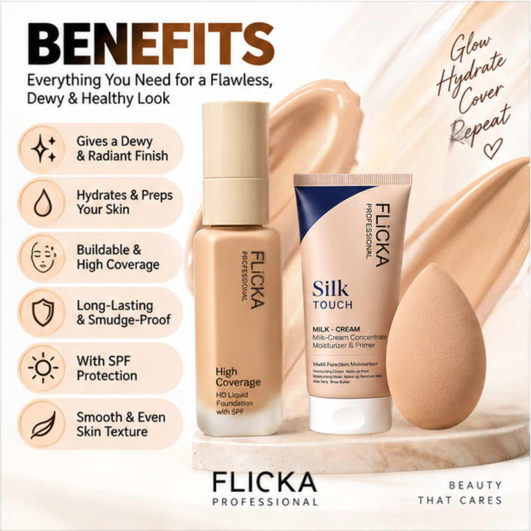 Deal of Dewy FLICKA Foundation + Flicka Silk Primer  & FREE Blender – High Coverage, Flawless Smooth base - Best for all skin types