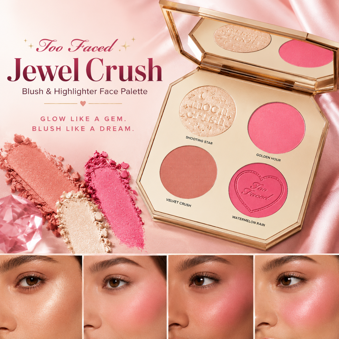 Too Faced Jewel Crush Blush & Highlighter Face Palette – A Little Glow, A Lot More You – 4 Shades: Shooting Star, Golden Hour, Velvet Crush & Watermelon Rain – Radiant, Blendable & Buildable – Silky Soft, Long-Lasting