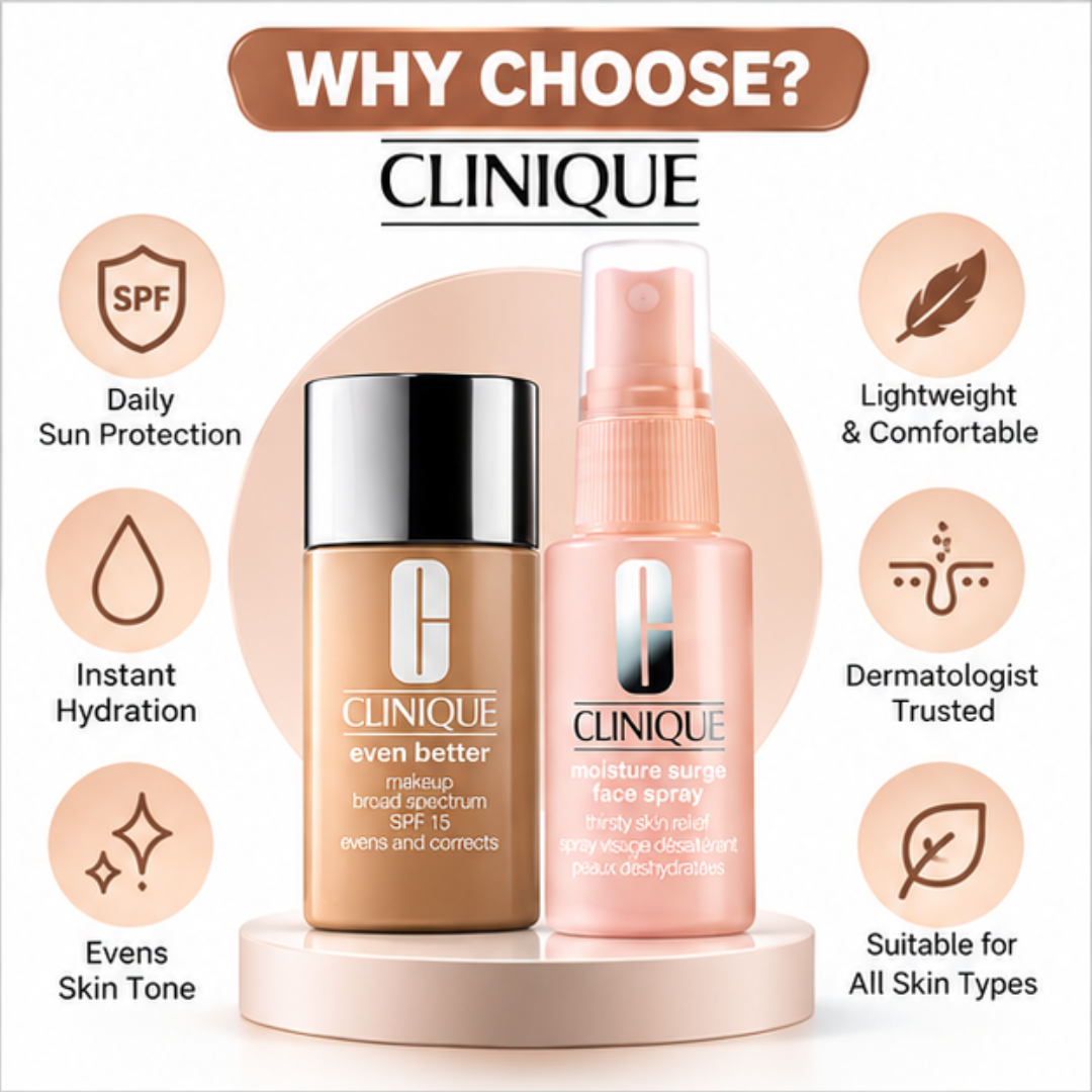 Deal of Clinique Glowy tinted Sunblock  + Moisturizing Spray – SPF 15 Broad Spectrum Makeup & Face Spray – Hydrates, Evens Skin Tone & Glowy fresh look