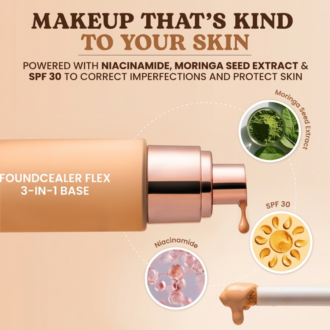 TYPSY BEAUTY FOUNDCEALER 3-in-1 – Foundation + Concealer + SPF 30 – Pakistan's First Dual Applicator (Pump + Wand) – Full Coverage, Breathable, Hydrating – FREE Beauty Blender