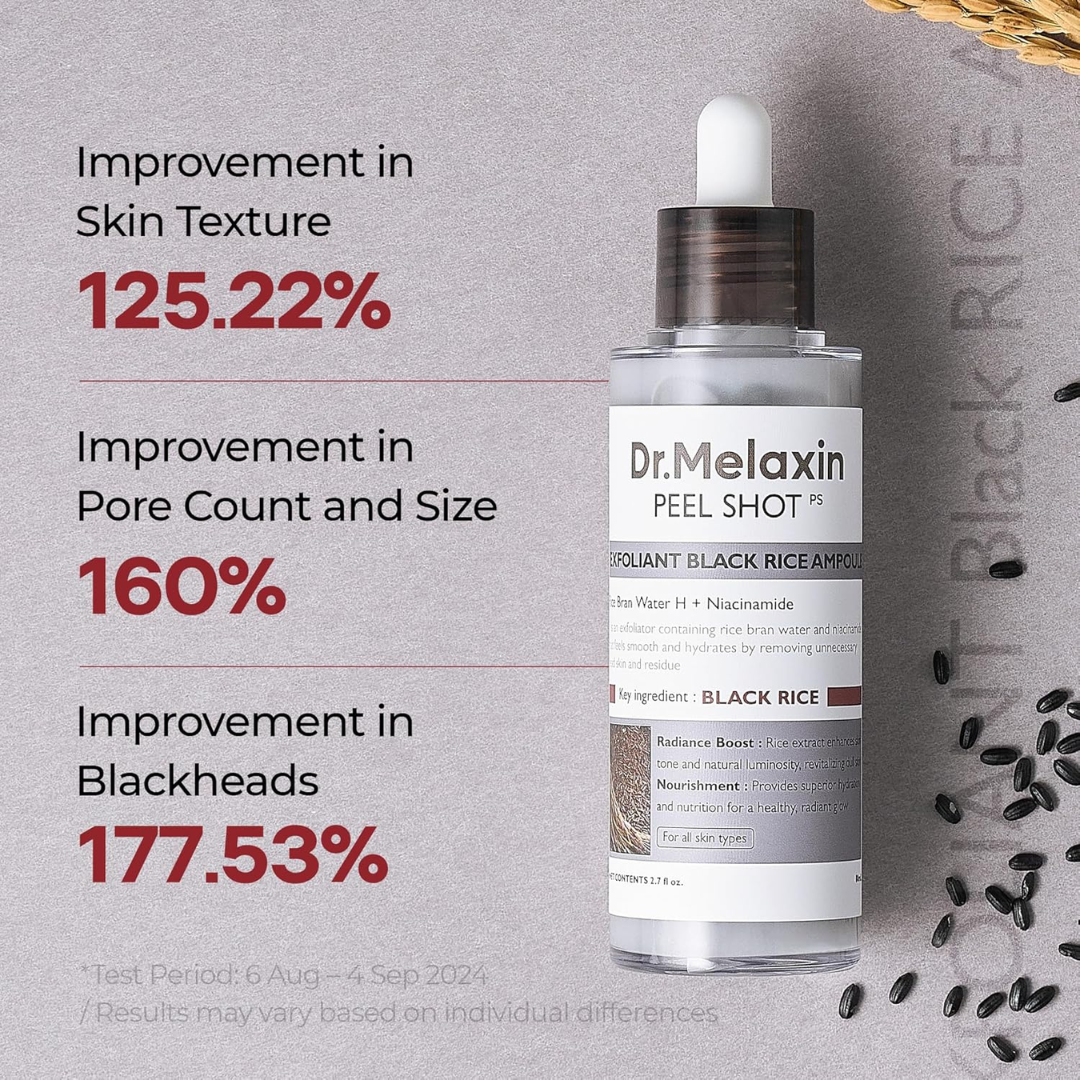 Dr. Melaxin Peel Shot Exfoliating Black Rice Ampoule | Gommage Peeling with Rice Water, Niacinamide & AHA/BHA | Removes Blackheads, Unclogs Pores & Smooths Skin