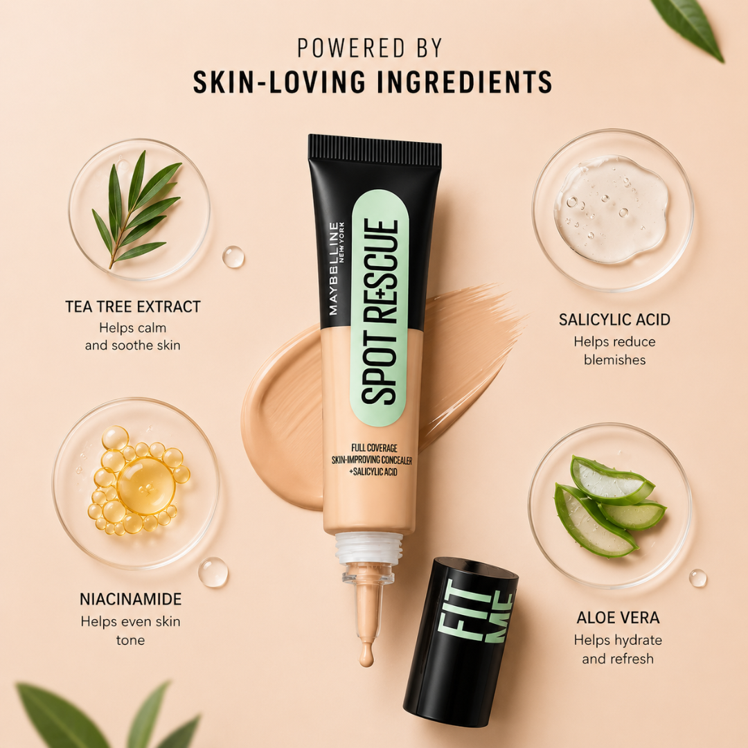 Maybelline New York Spot Rescue Concealer - Full Coverage Skin-Improving Concealer + Salicylic Acid – Conceals Acne & Blemishes, Improves Skin Over Time – 12HR Long-Lasting