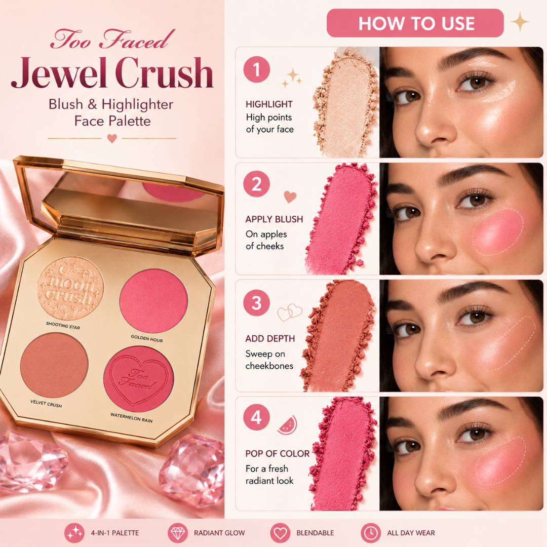 Too Faced Jewel Crush Blush & Highlighter Face Palette – A Little Glow, A Lot More You – 4 Shades: Shooting Star, Golden Hour, Velvet Crush & Watermelon Rain – Radiant, Blendable & Buildable – Silky Soft, Long-Lasting