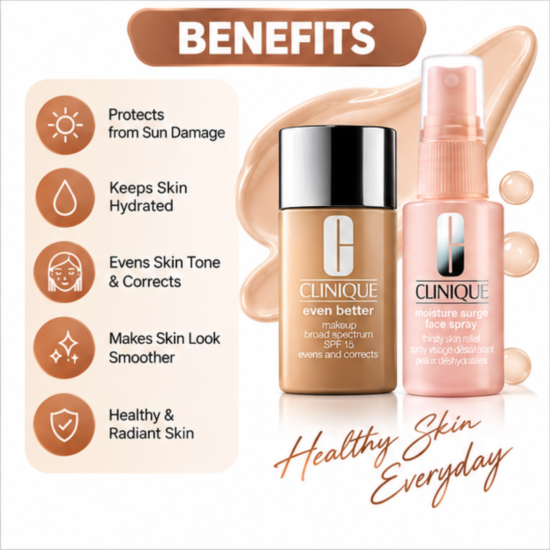 Deal of Clinique Glowy tinted Sunblock  + Moisturizing Spray – SPF 15 Broad Spectrum Makeup & Face Spray – Hydrates, Evens Skin Tone & Glowy fresh look