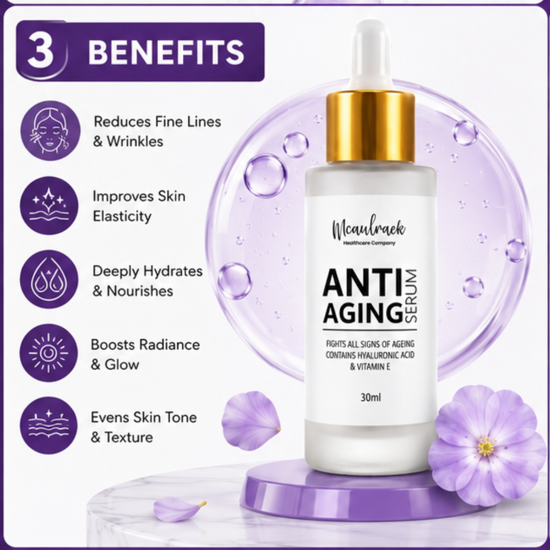 Mcaulraek Anti-Aging Serum – Youthful Skin, Radiant You – Powerful Blend of Hyaluronic Acid & Vitamin E – Reduces Wrinkles, Fine Lines & Signs of Aging – Deeply Hydrates, Nourishes & Improves Elasticity