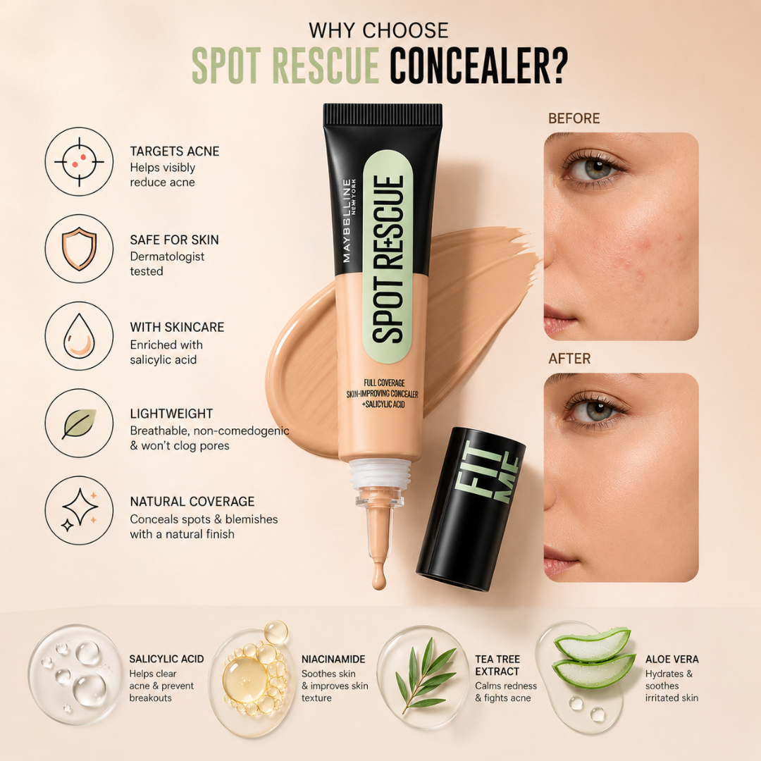 Maybelline New York Spot Rescue Concealer - Full Coverage Skin-Improving Concealer + Salicylic Acid – Conceals Acne & Blemishes, Improves Skin Over Time – 12HR Long-Lasting