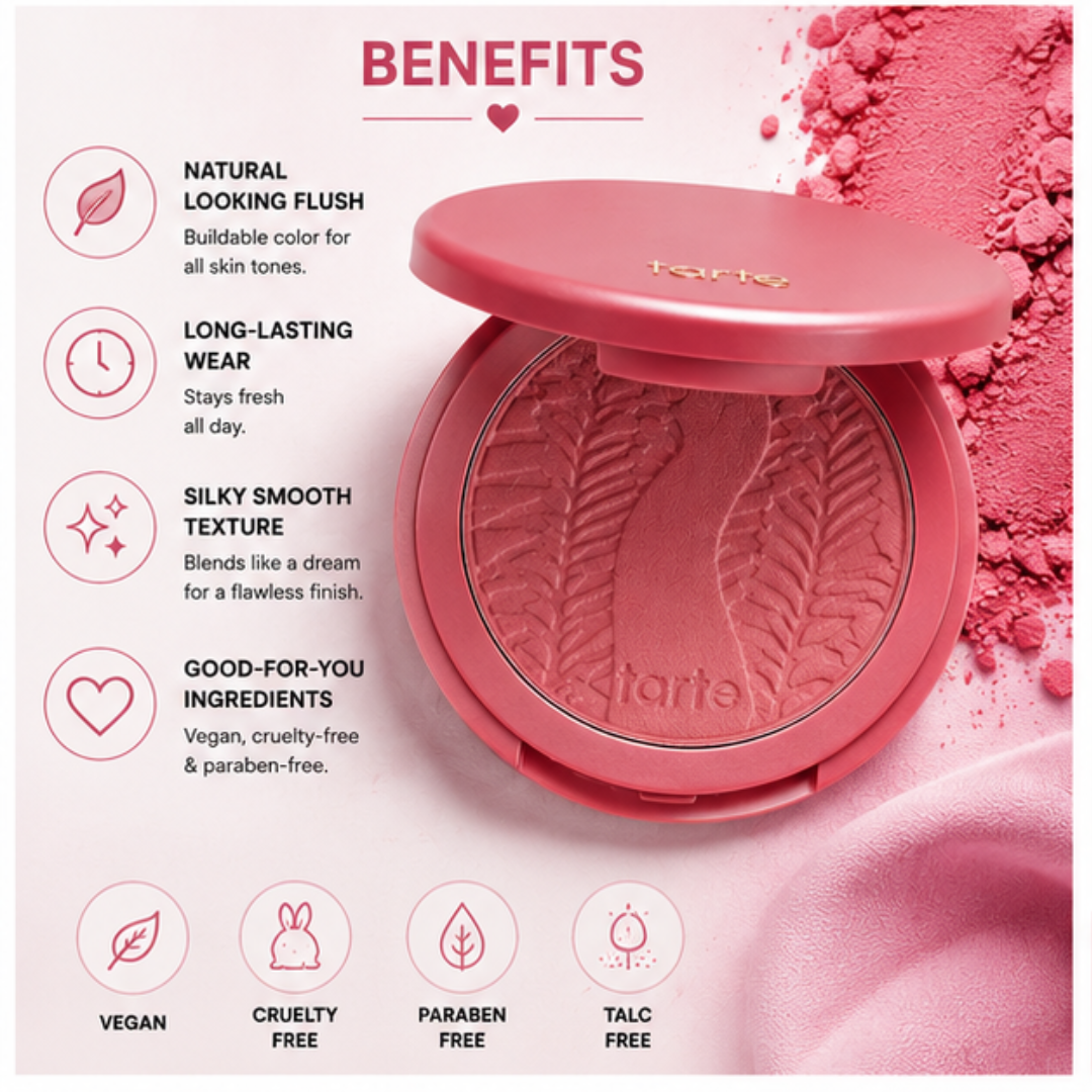 Tarte Blush – Natural Flush, Healthy Glow – Silky Smooth, Buildable Color & Long-Lasting Wear – Natural-Looking Flush, Blends Effortlessly – Vegan, Cruelty-Free & Paraben-Free