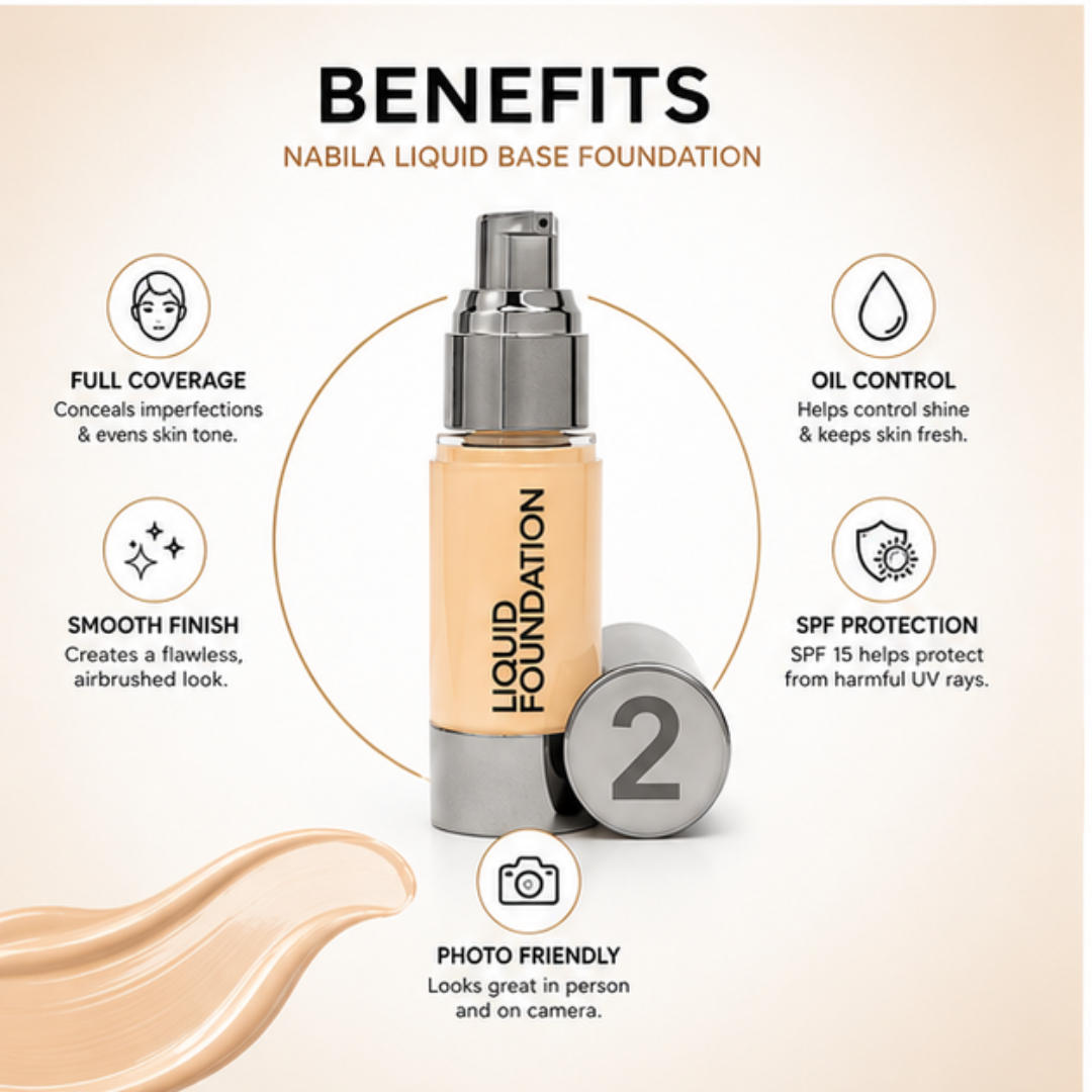 Nabila Liquid Base Foundation – Flawless Coverage, Naturally You – Full Coverage, Lightweight Comfort & Long Wear Formula – Evens, Perfects & Enhances – SPF 15 Protection