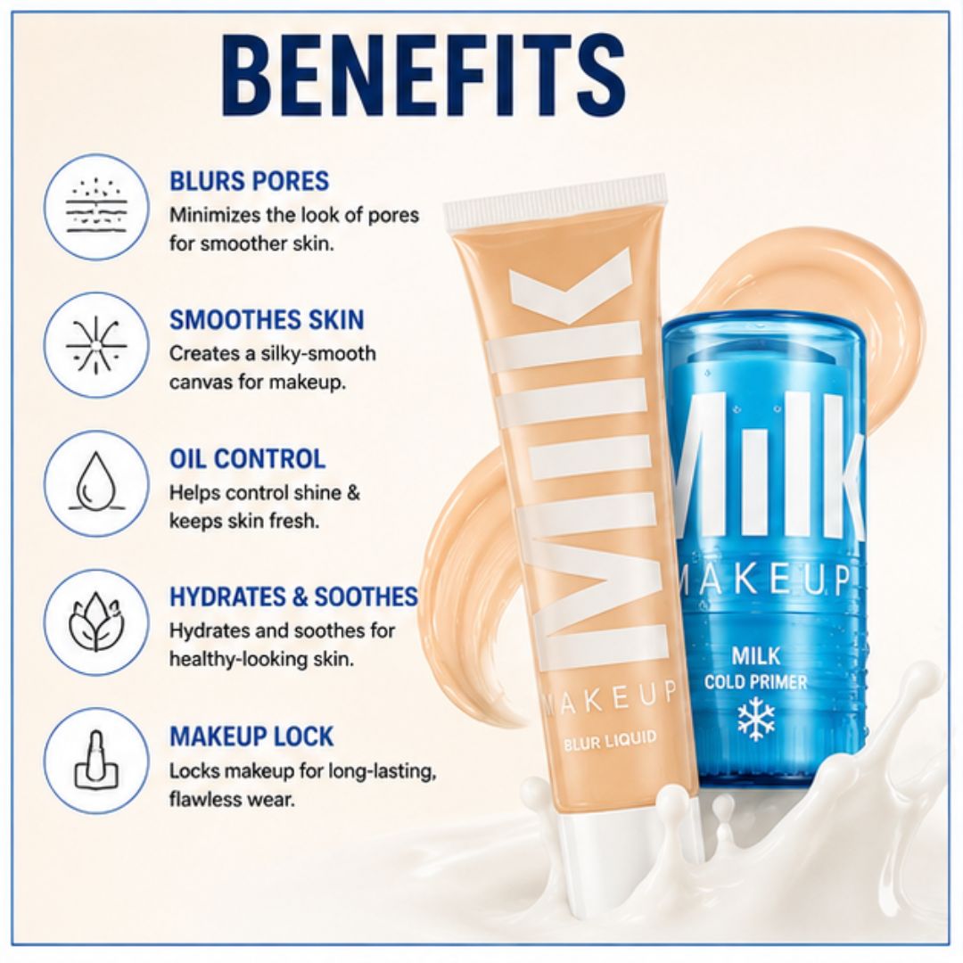 Milk Makeup Cold Primer + Blur Foundation Deal – Prep, Blur & Stay Flawless – Cooling Primer + Blur Foundation Duo – Blurs Pores, Smooths Skin, Controls Oil – Long-Lasting, Soft Matte Finish