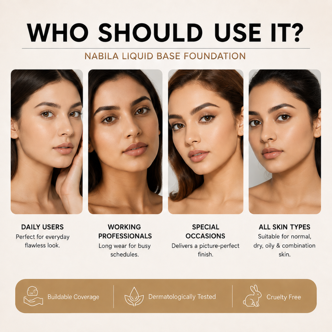 Nabila Liquid Base Foundation – Flawless Coverage, Naturally You – Full Coverage, Lightweight Comfort & Long Wear Formula – Evens, Perfects & Enhances – SPF 15 Protection