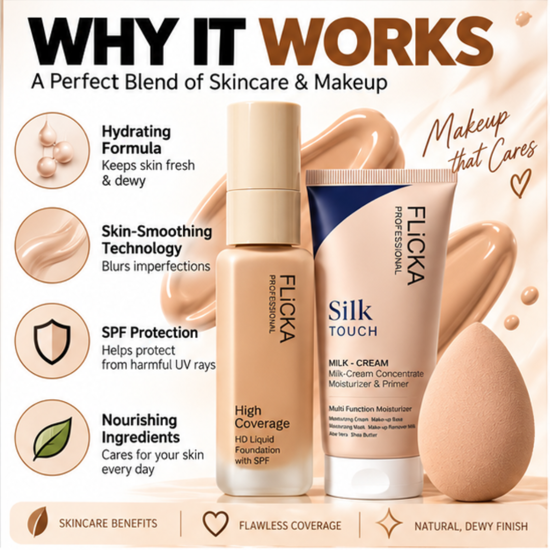 Deal of Dewy FLICKA Foundation + Flicka Silk Primer  & FREE Blender – High Coverage, Flawless Smooth base - Best for all skin types