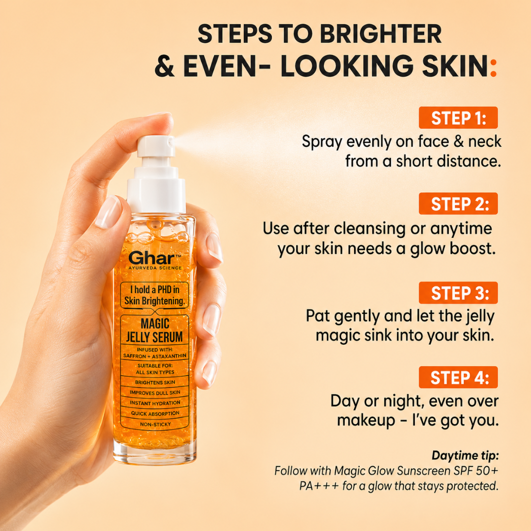 Ghar Magic Jelly Serum – 3-in-1 Mist + Primer + Setting Spray – Glow, Prep & Set All in One – Infused with Saffron, Astaxanthin, Niacinamide & Arbutin – Brightens Dull Skin, Intense Hydration, Enhances Collagen