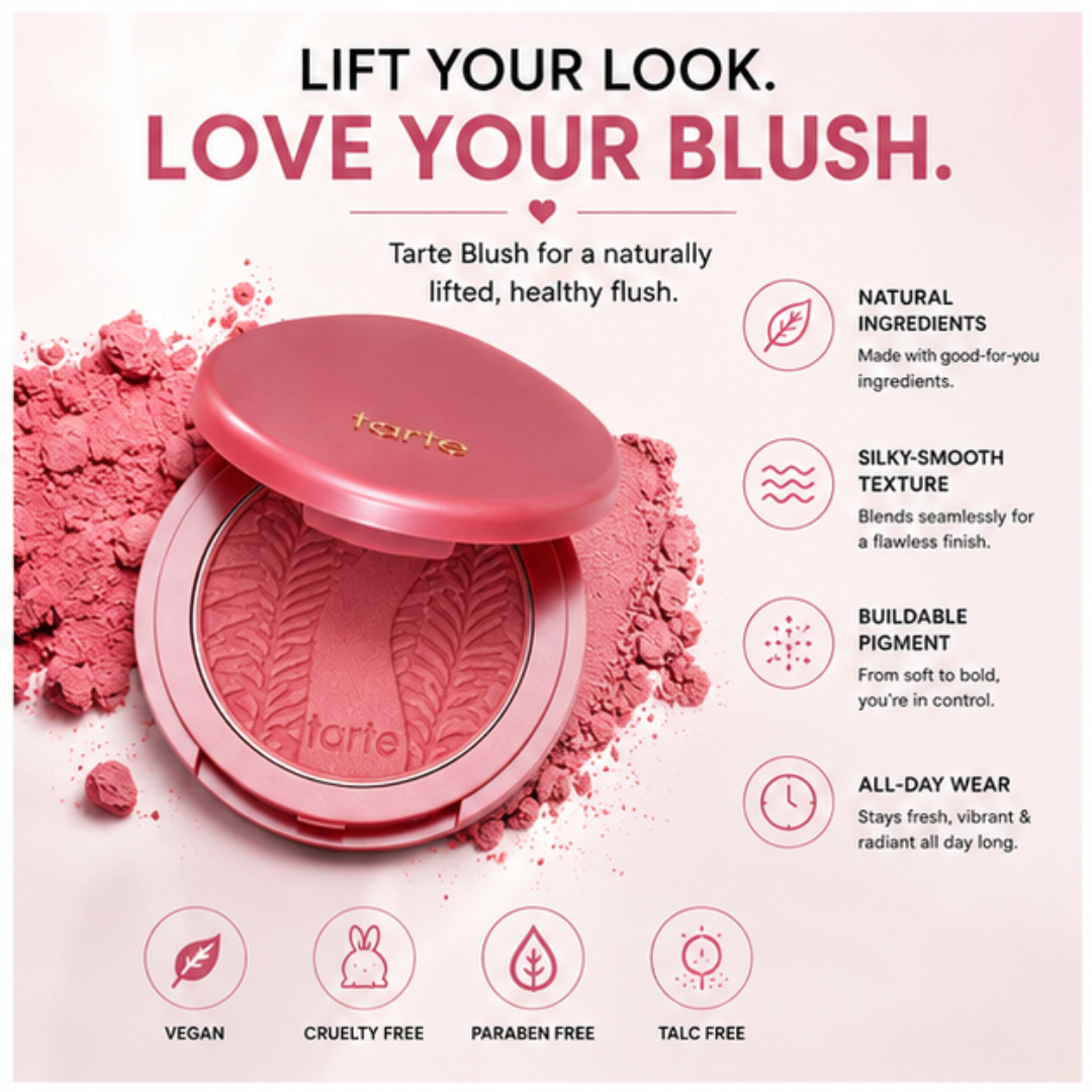 Tarte Blush – Natural Flush, Healthy Glow – Silky Smooth, Buildable Color & Long-Lasting Wear – Natural-Looking Flush, Blends Effortlessly – Vegan, Cruelty-Free & Paraben-Free