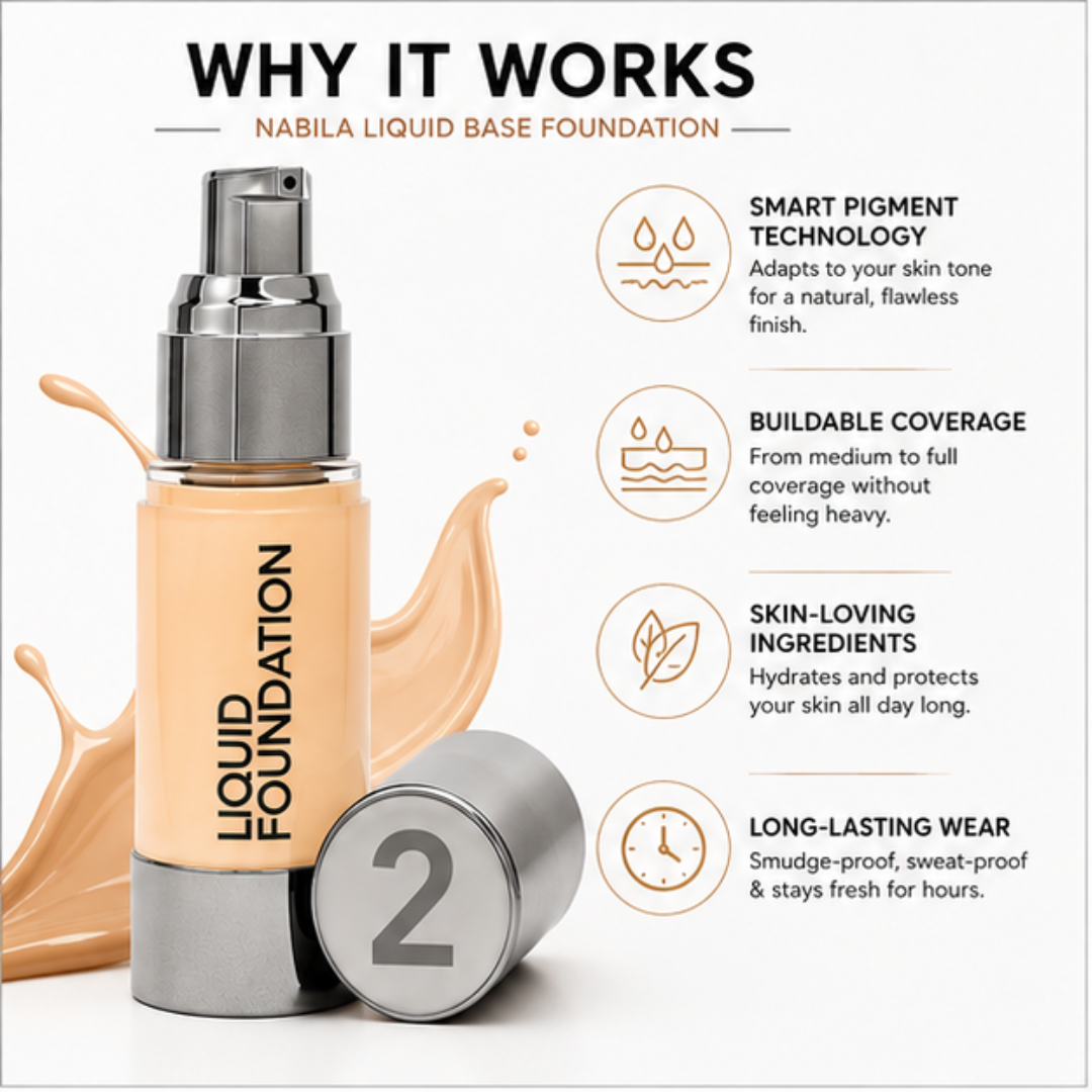 Nabila Liquid Base Foundation – Flawless Coverage, Naturally You – Full Coverage, Lightweight Comfort & Long Wear Formula – Evens, Perfects & Enhances – SPF 15 Protection