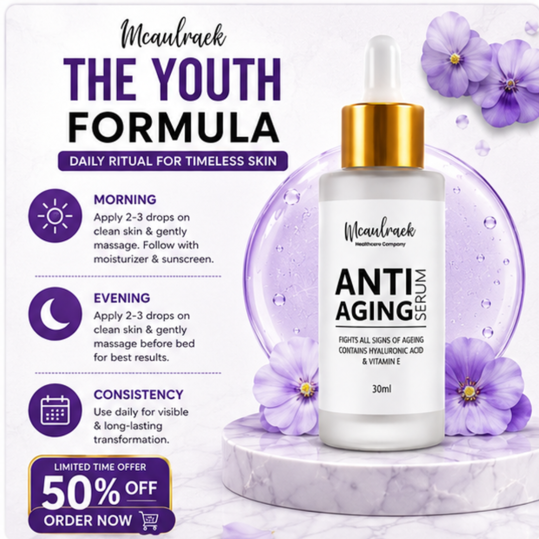 Mcaulraek Anti-Aging Serum – Youthful Skin, Radiant You – Powerful Blend of Hyaluronic Acid & Vitamin E – Reduces Wrinkles, Fine Lines & Signs of Aging – Deeply Hydrates, Nourishes & Improves Elasticity