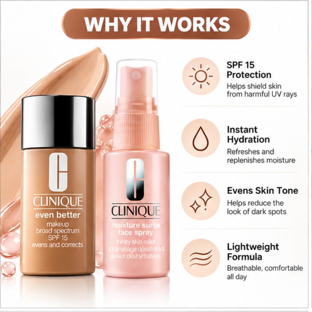 Deal of Clinique Glowy tinted Sunblock  + Moisturizing Spray – SPF 15 Broad Spectrum Makeup & Face Spray – Hydrates, Evens Skin Tone & Glowy fresh look