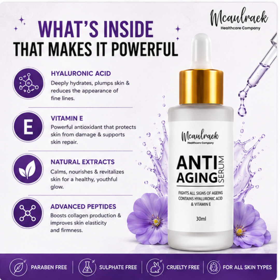 Mcaulraek Anti-Aging Serum – Youthful Skin, Radiant You – Powerful Blend of Hyaluronic Acid & Vitamin E – Reduces Wrinkles, Fine Lines & Signs of Aging – Deeply Hydrates, Nourishes & Improves Elasticity