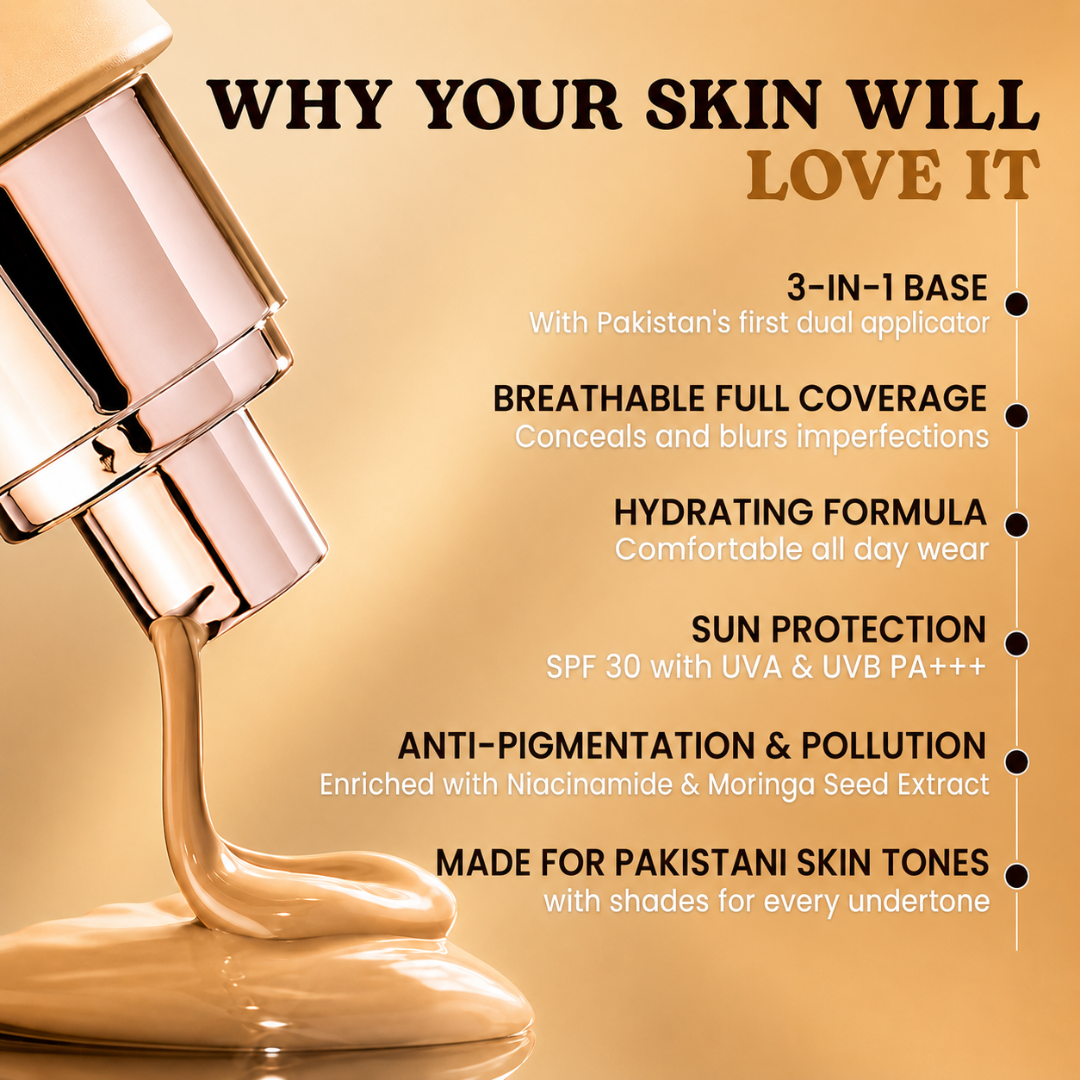 TYPSY BEAUTY FOUNDCEALER 3-in-1 – Foundation + Concealer + SPF 30 – Pakistan's First Dual Applicator (Pump + Wand) – Full Coverage, Breathable, Hydrating – FREE Beauty Blender