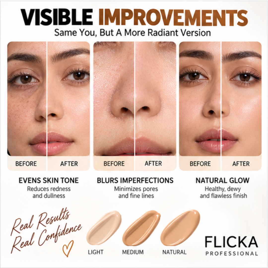 Deal of Dewy FLICKA Foundation + Flicka Silk Primer  & FREE Blender – High Coverage, Flawless Smooth base - Best for all skin types