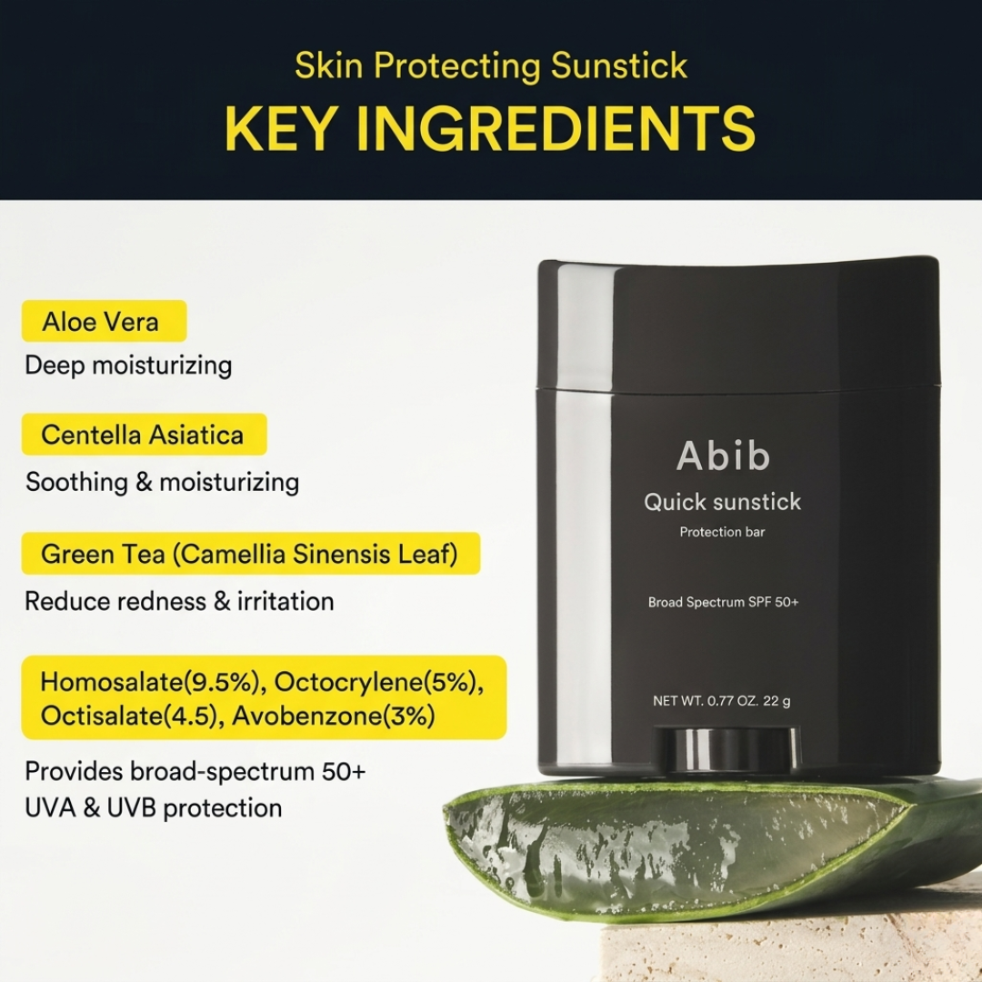 Abib Quick Sunstick Protection Bar SPF50+ PA++++ | No White Cast, Non-Greasy UV Protection Stick with Aloe, Centella & Green Tea