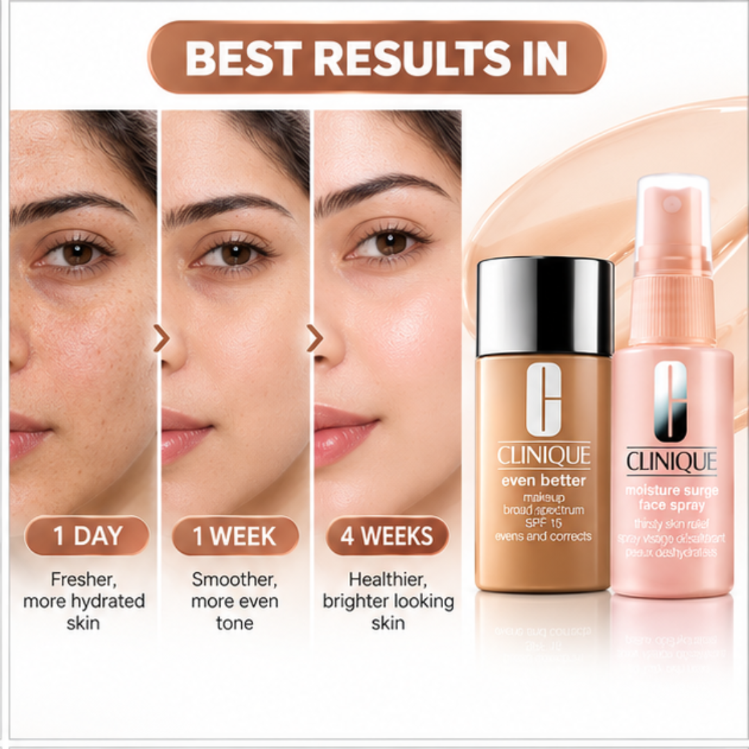 Deal of Clinique Glowy tinted Sunblock  + Moisturizing Spray – SPF 15 Broad Spectrum Makeup & Face Spray – Hydrates, Evens Skin Tone & Glowy fresh look