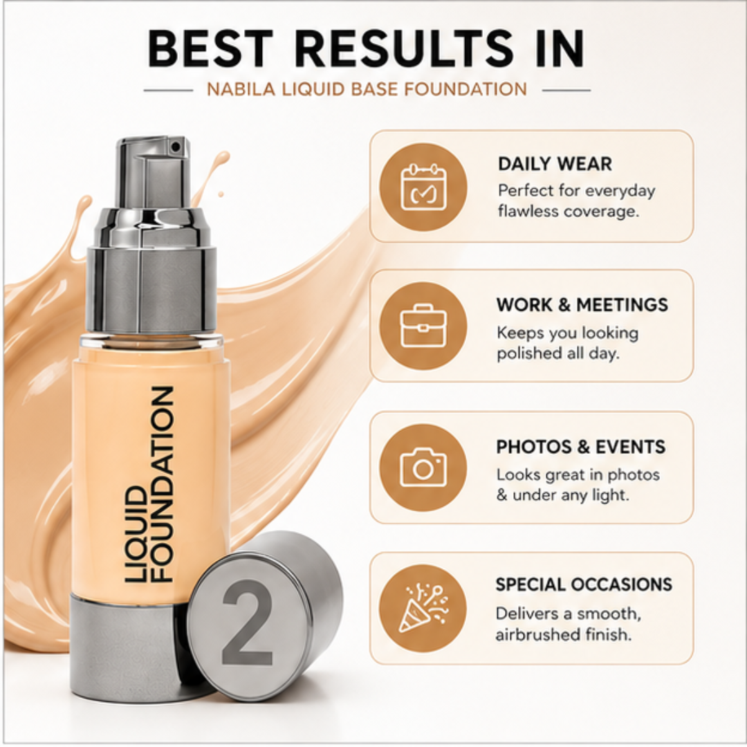 Nabila Liquid Base Foundation – Flawless Coverage, Naturally You – Full Coverage, Lightweight Comfort & Long Wear Formula – Evens, Perfects & Enhances – SPF 15 Protection
